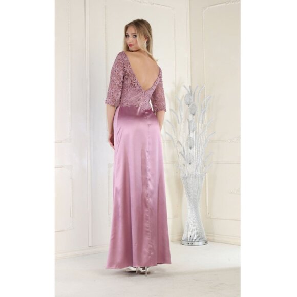 Mauve Formal Long Bateau Neck  3/4 Sleeve Sheath Dress By May Queen MQ1969 - Picture 2 of 3